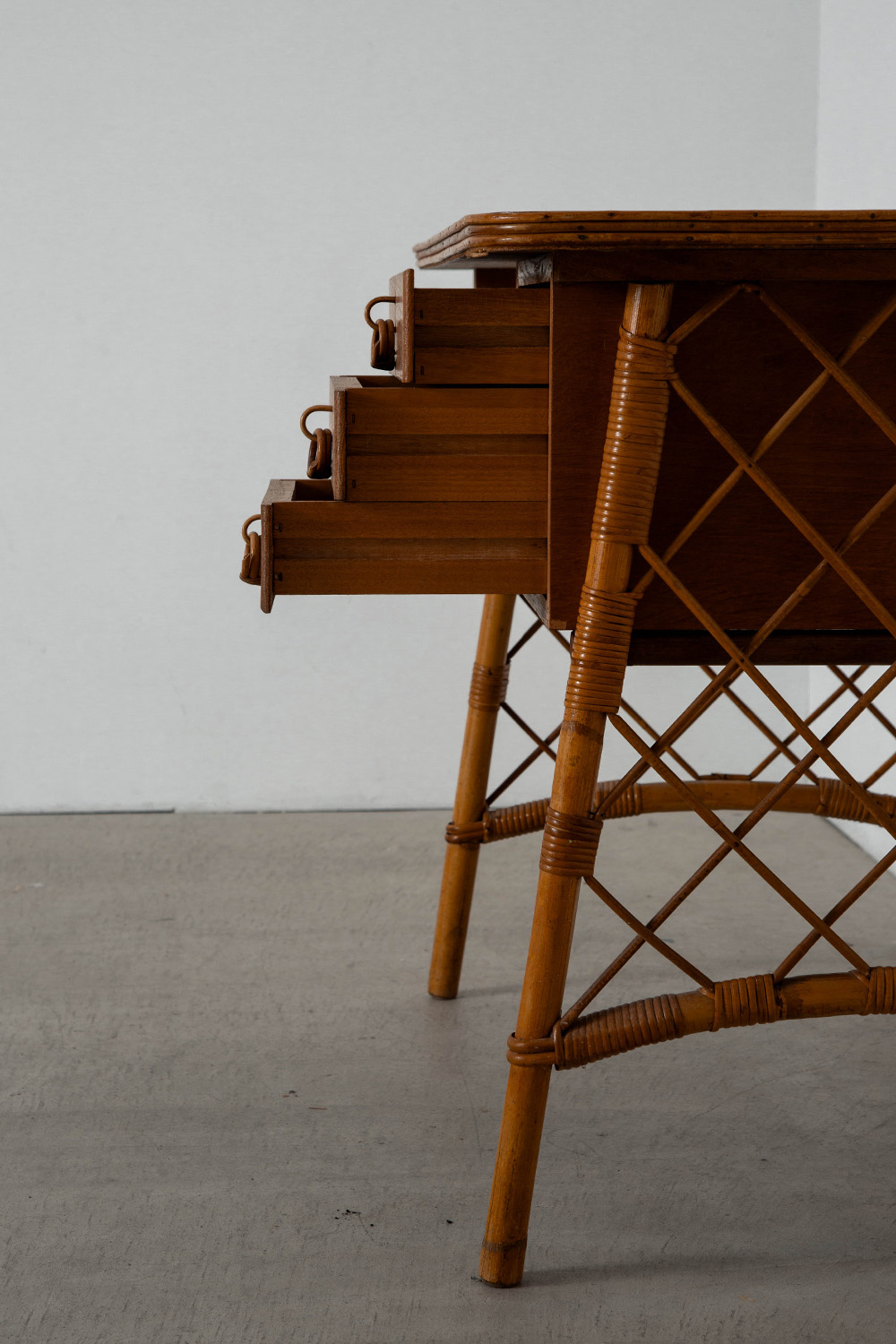 Desk and Chair Set by Louis Sognot in Rattan , Bamboo and Wood