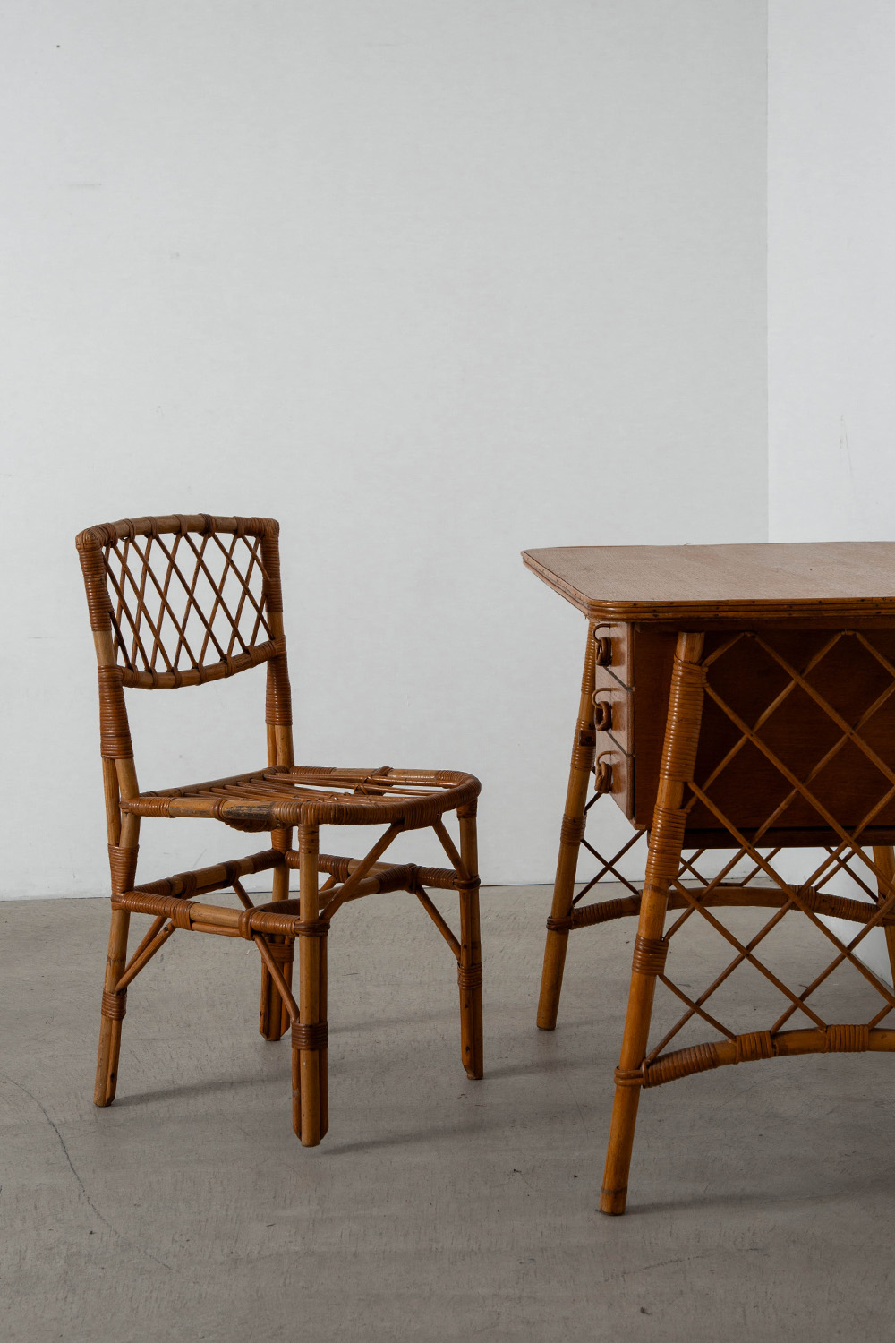 Desk and Chair Set by Louis Sognot in Rattan , Bamboo and Wood