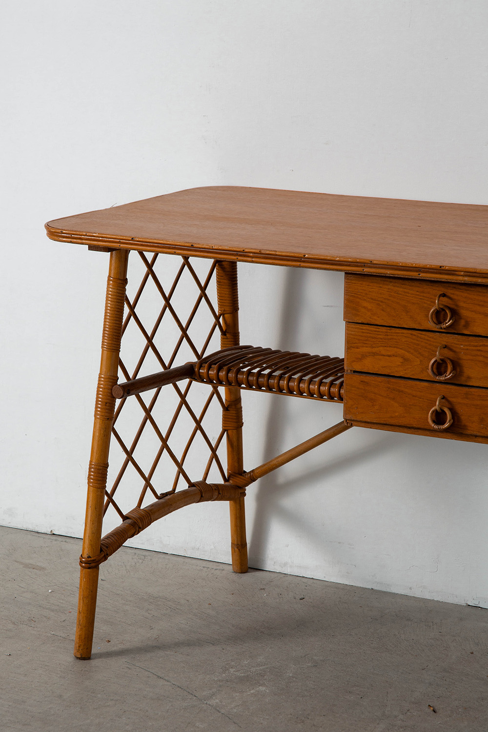 Desk and Chair Set by Louis Sognot in Rattan , Bamboo and Wood