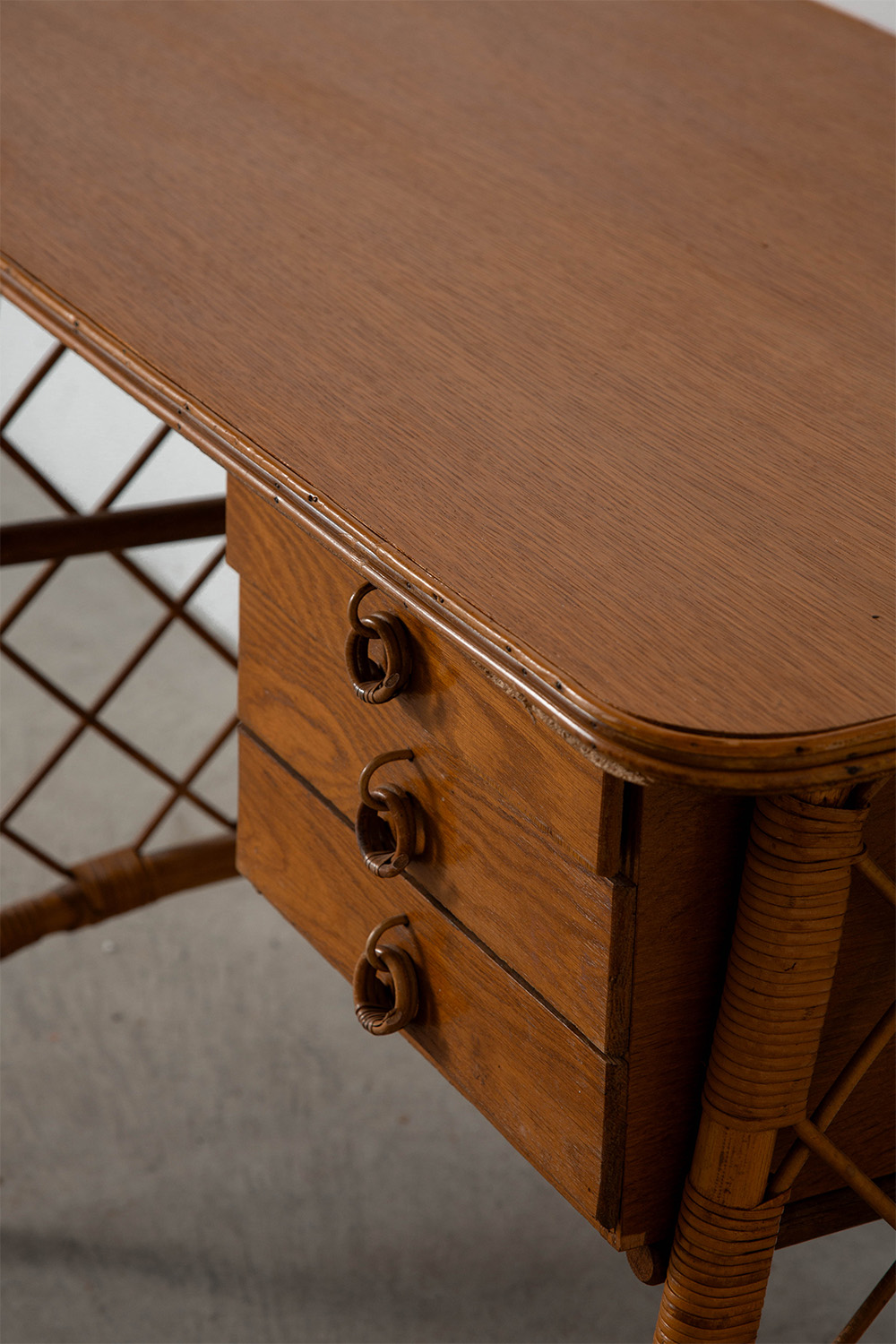 Desk and Chair Set by Louis Sognot in Rattan , Bamboo and Wood