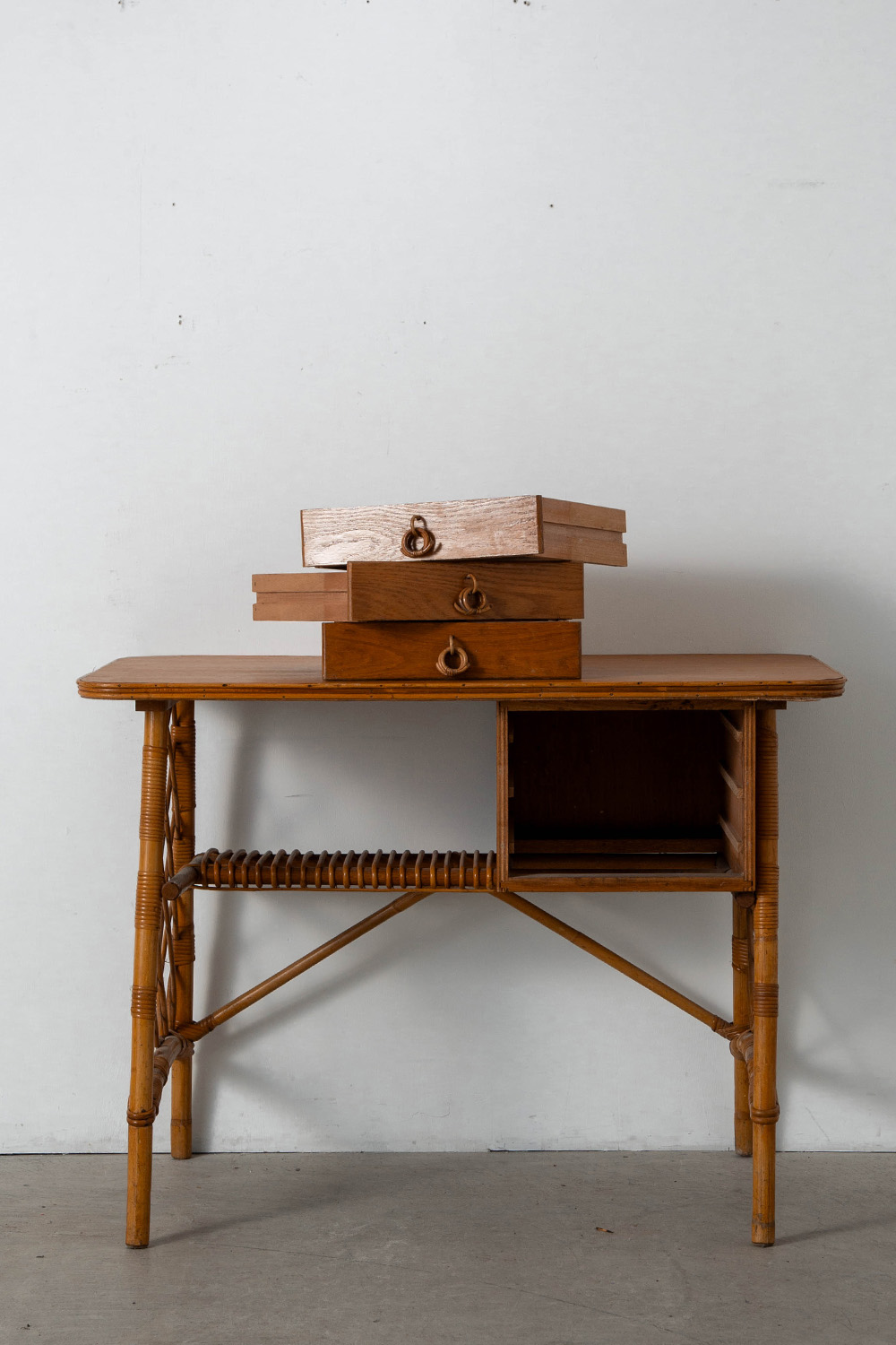 Desk and Chair Set by Louis Sognot in Rattan , Bamboo and Wood