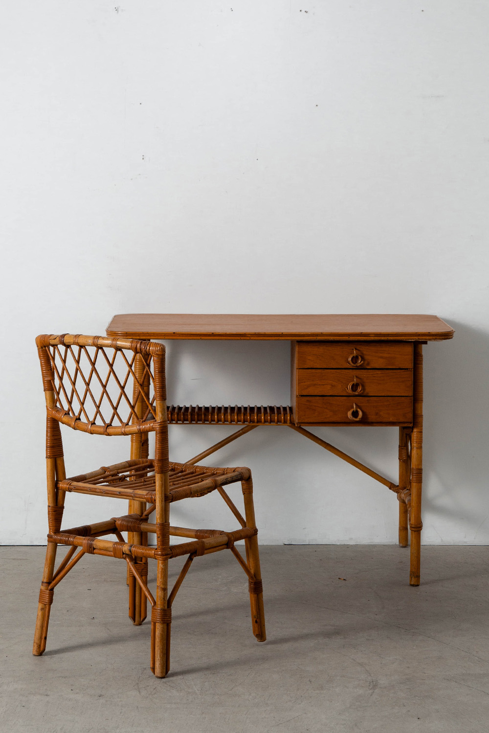 Desk and Chair Set by Louis Sognot in Rattan , Bamboo and Wood