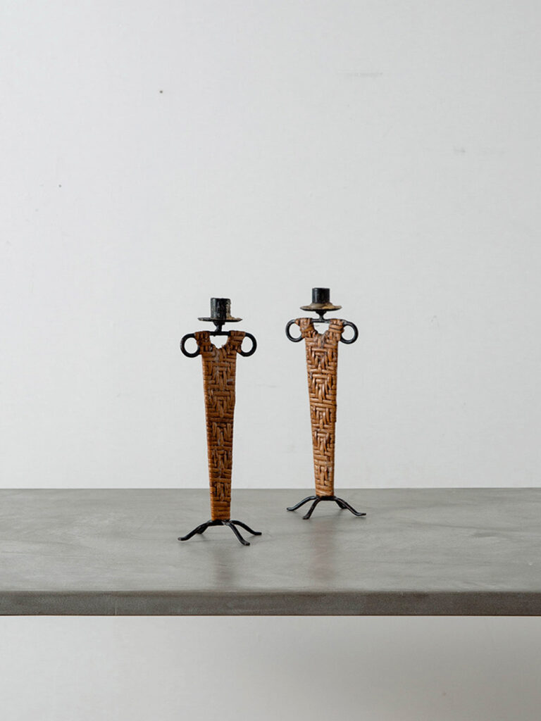 Candle Holder in Steel and Rattan