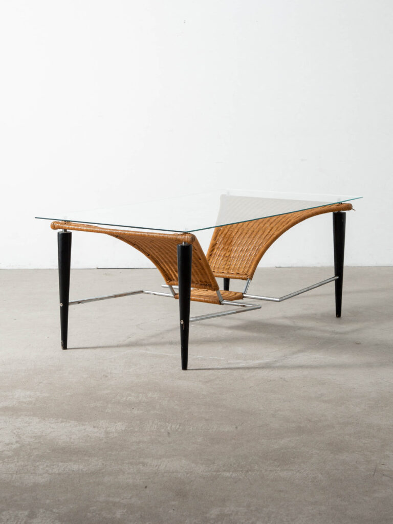 Coffee Table in Glass , Wicker , Wood and Metal