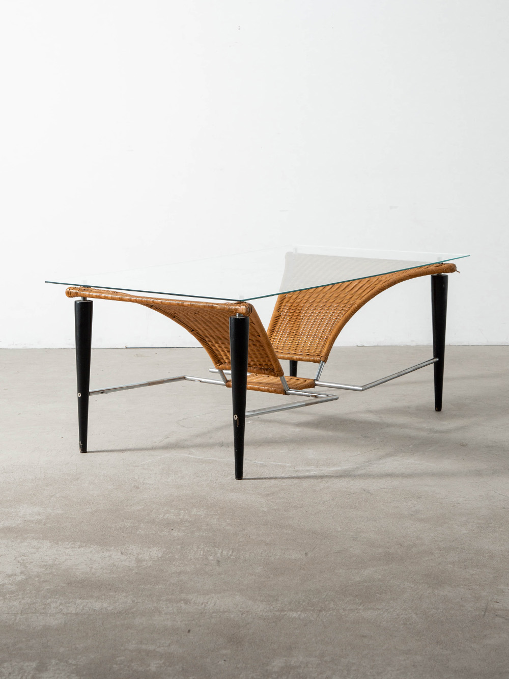 Coffee Table in Glass , Wicker , Wood and Metal