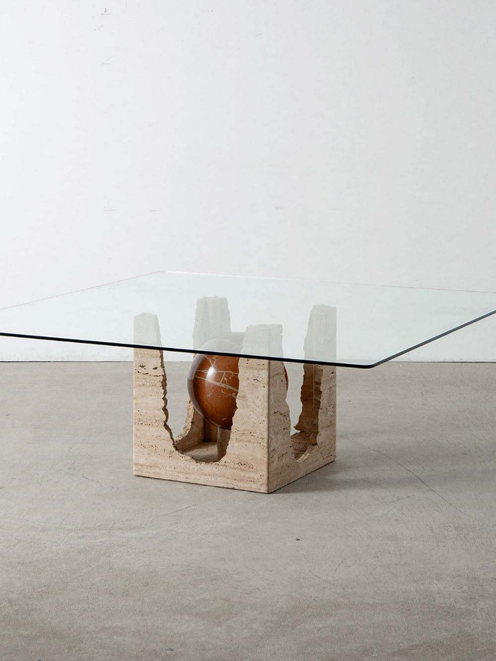 Coffee Table in Glass and Marble and Travertine