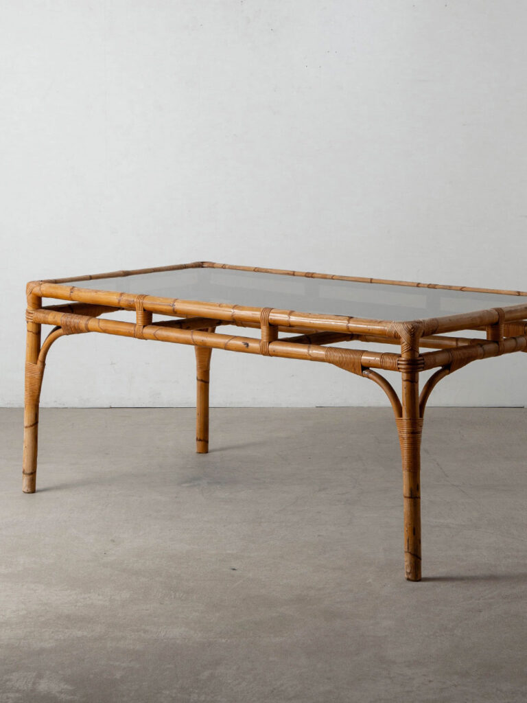 Dining Table by Audoux & Minet in Glass , Rattan and Bamboo
