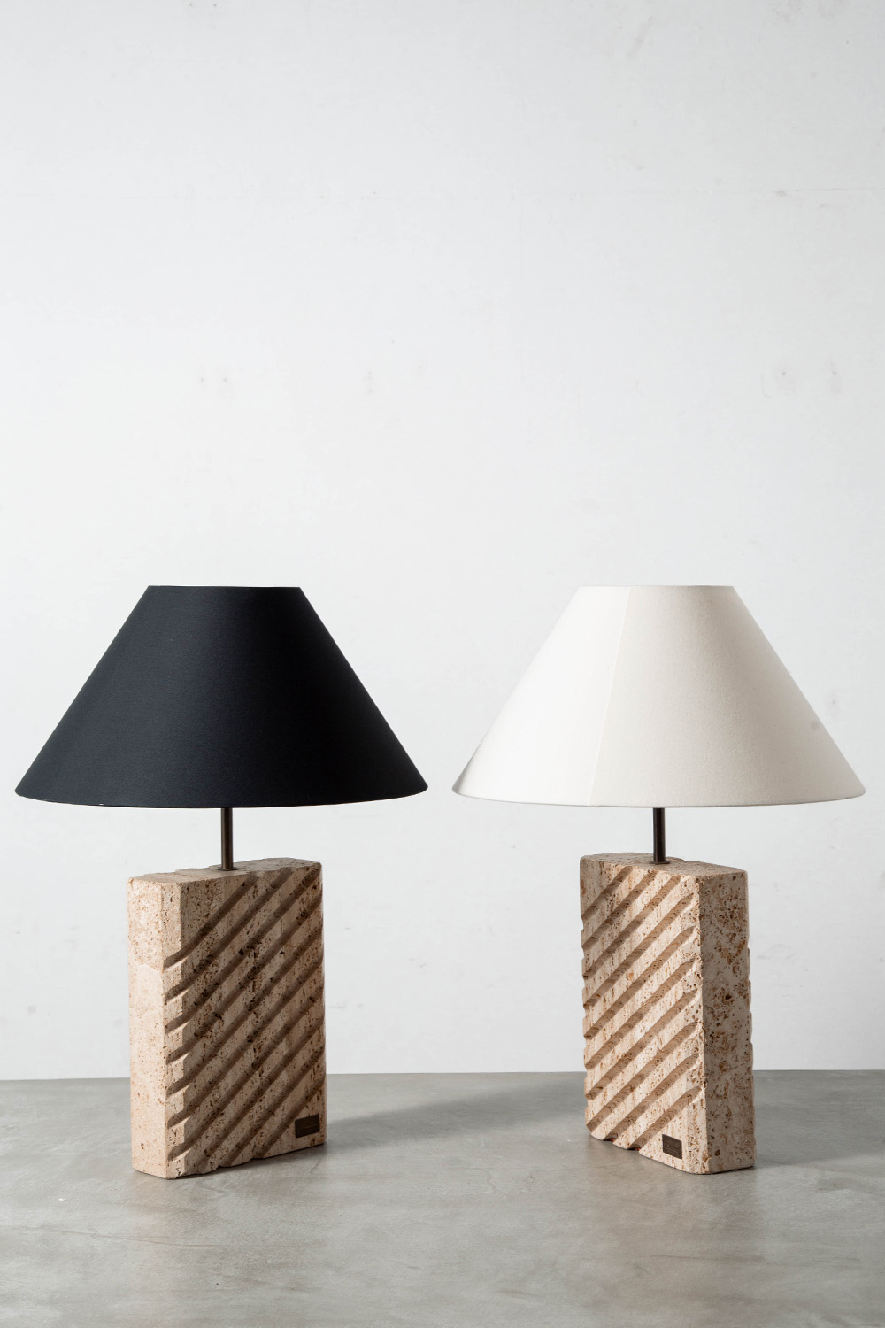 Table Lamp in Travertine , Brass and Fabric