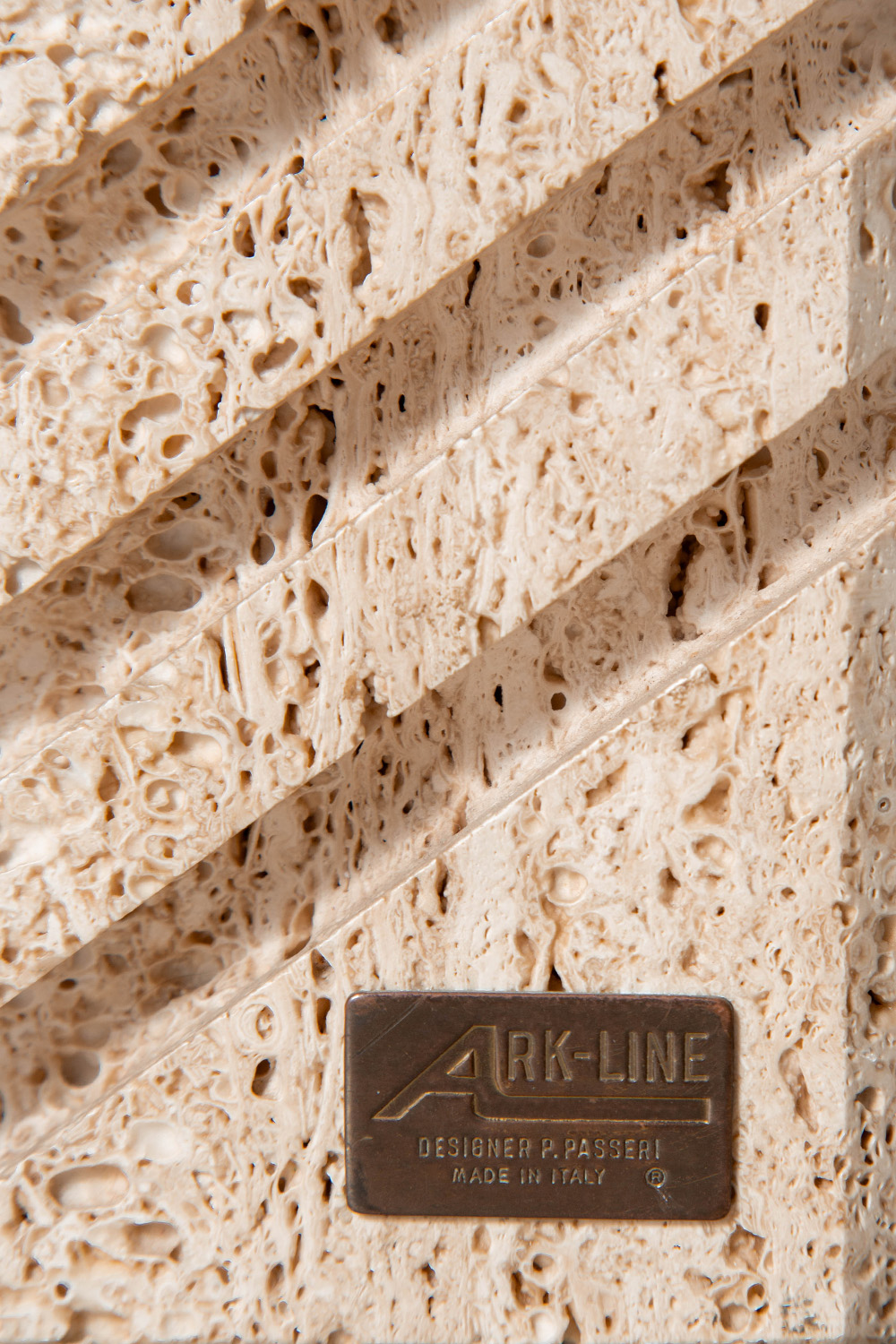 Table Lamp in Travertine , Brass and Fabric