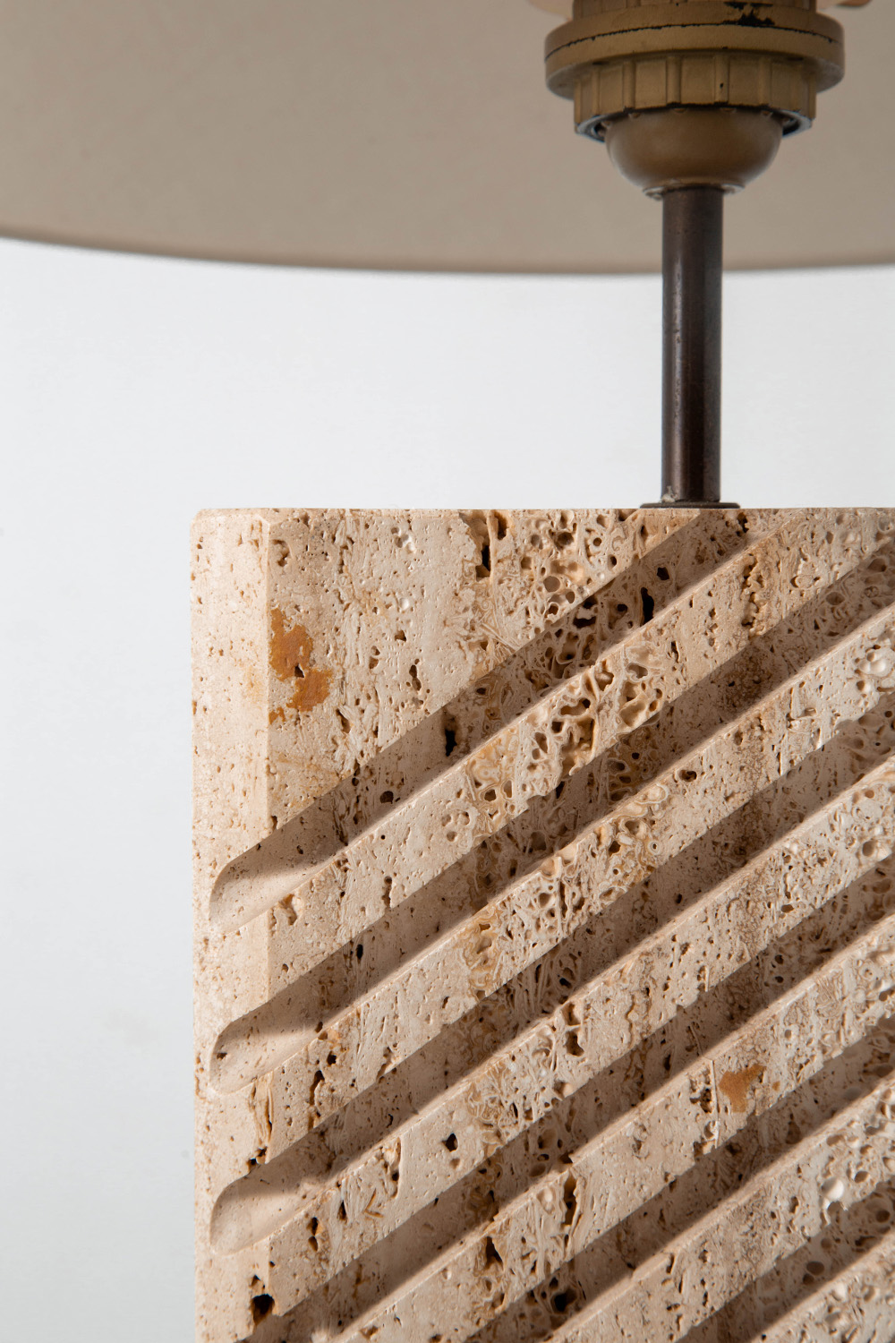 Table Lamp in Travertine , Brass and Fabric