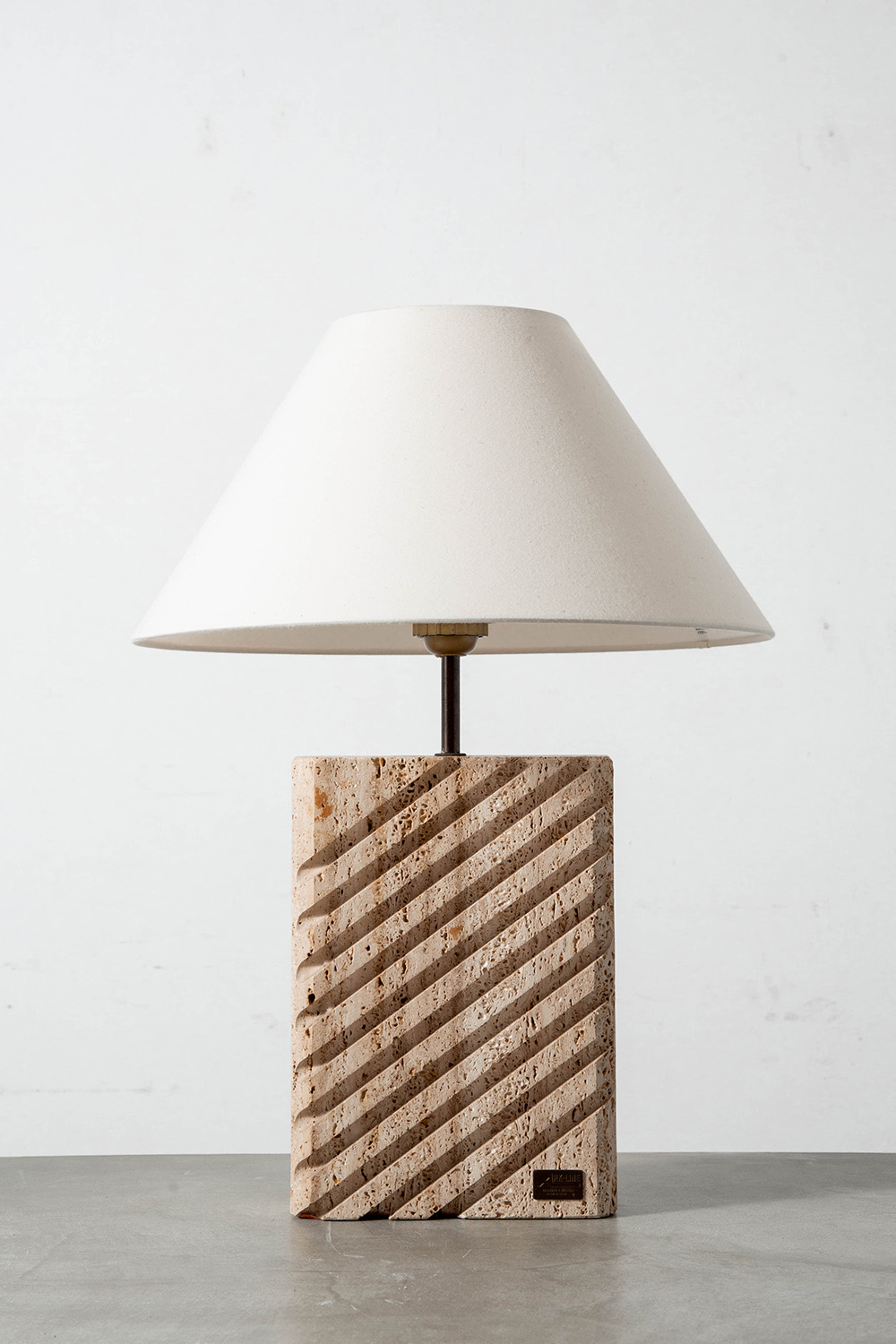 Table Lamp in Travertine , Brass and Fabric