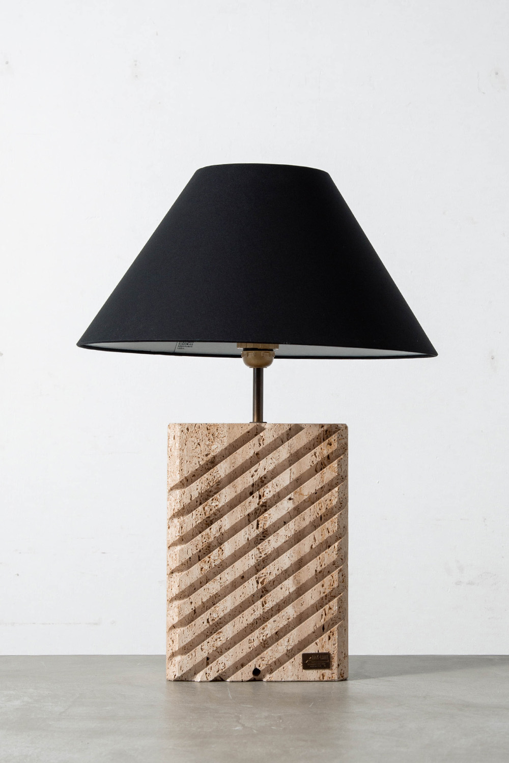 Table Lamp in Travertine , Brass and Fabric