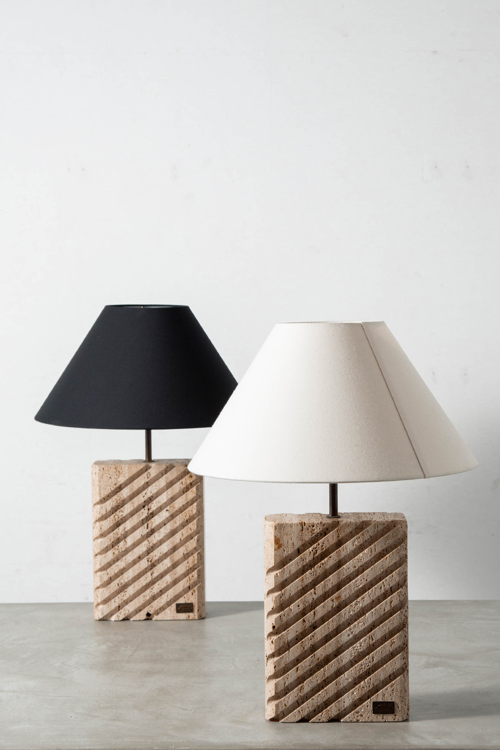 Table Lamp in Travertine , Brass and Fabric
