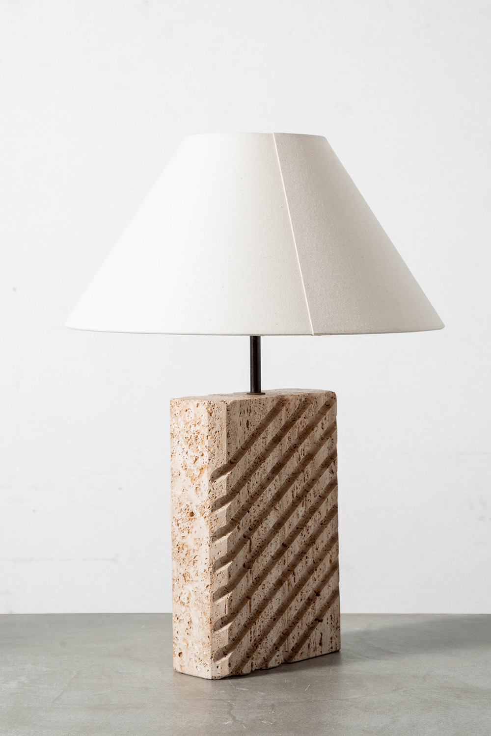Table Lamp in Travertine , Brass and Fabric