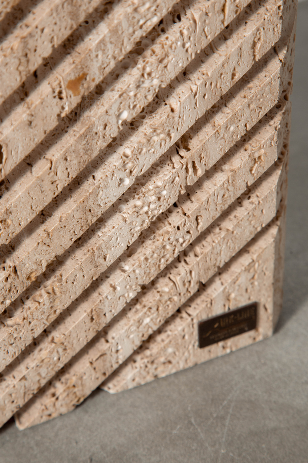 Table Lamp in Travertine , Brass and Fabric