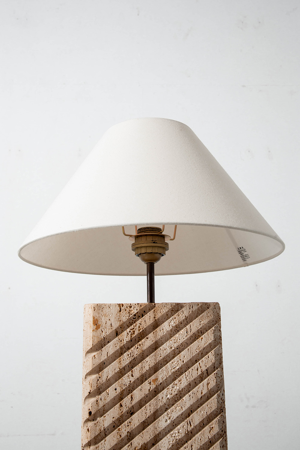 Table Lamp in Travertine , Brass and Fabric