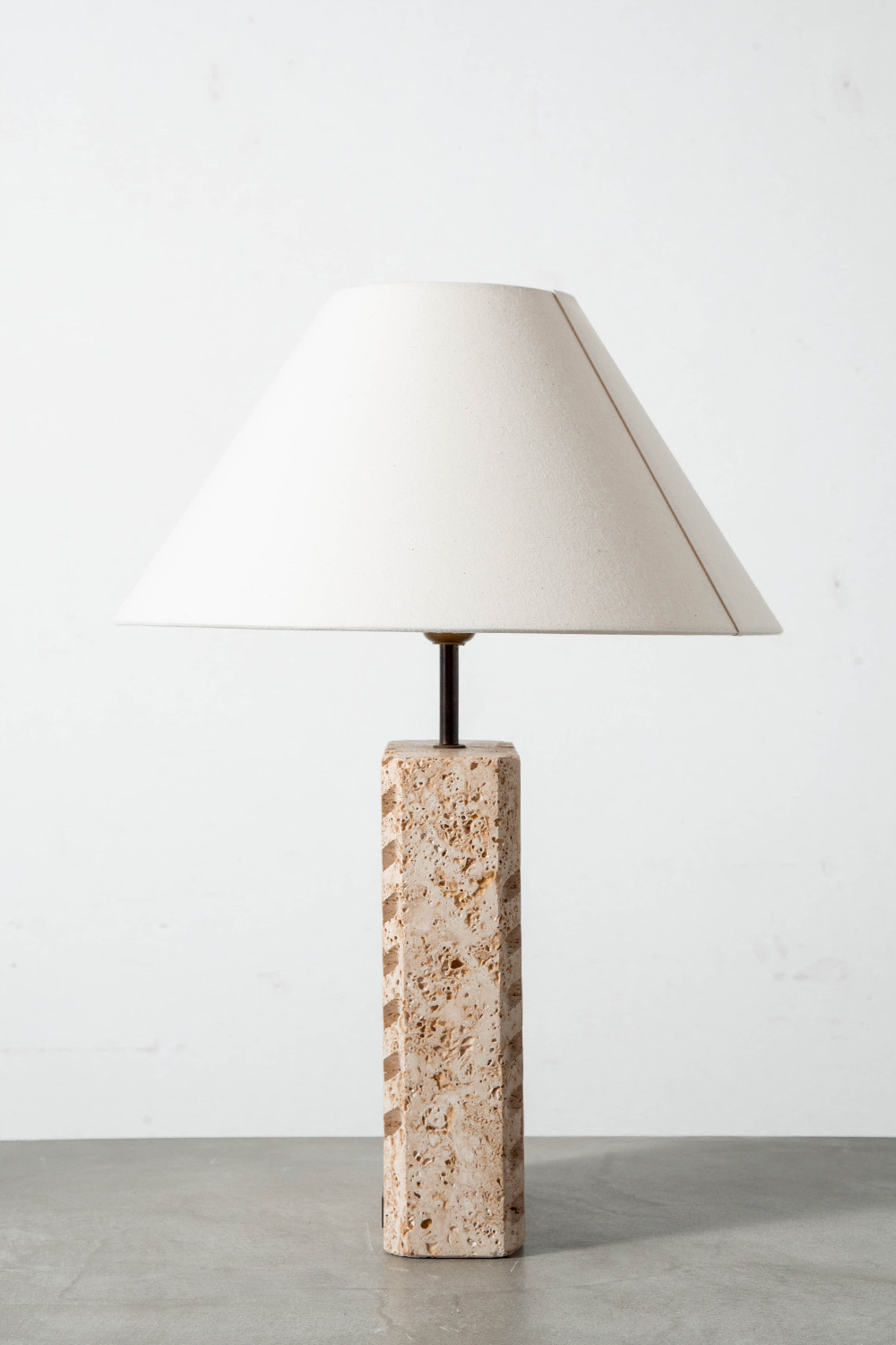 Table Lamp in Travertine , Brass and Fabric