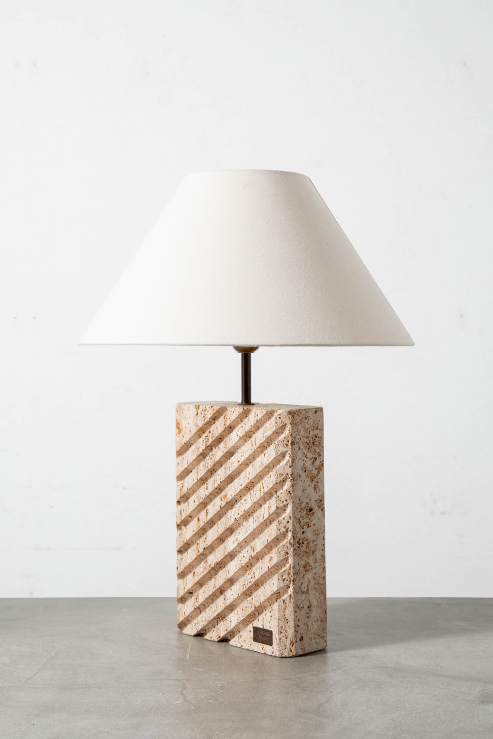 Table Lamp in Travertine , Brass and Fabric