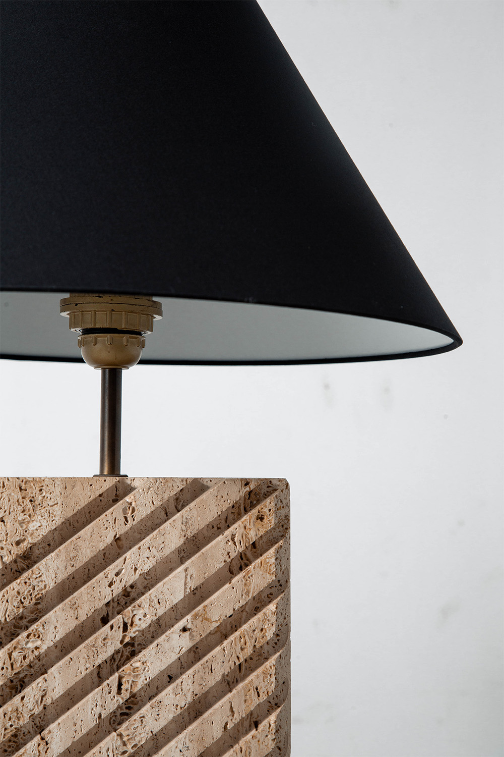 Table Lamp in Travertine , Brass and Fabric