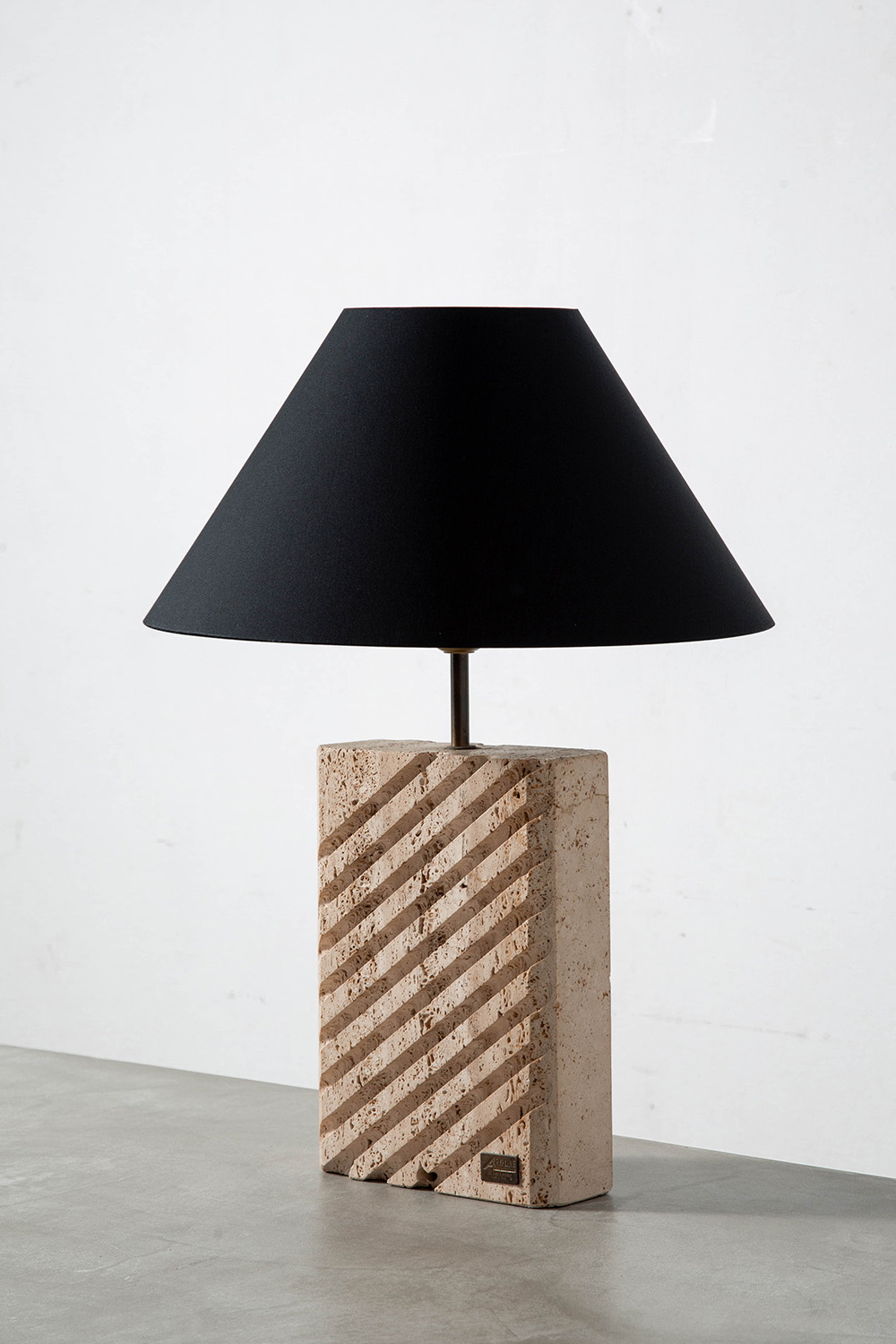 Table Lamp in Travertine , Brass and Fabric
