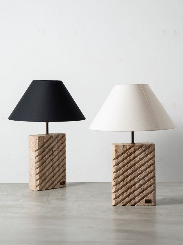Table Lamp in Travertine , Brass and Fabric