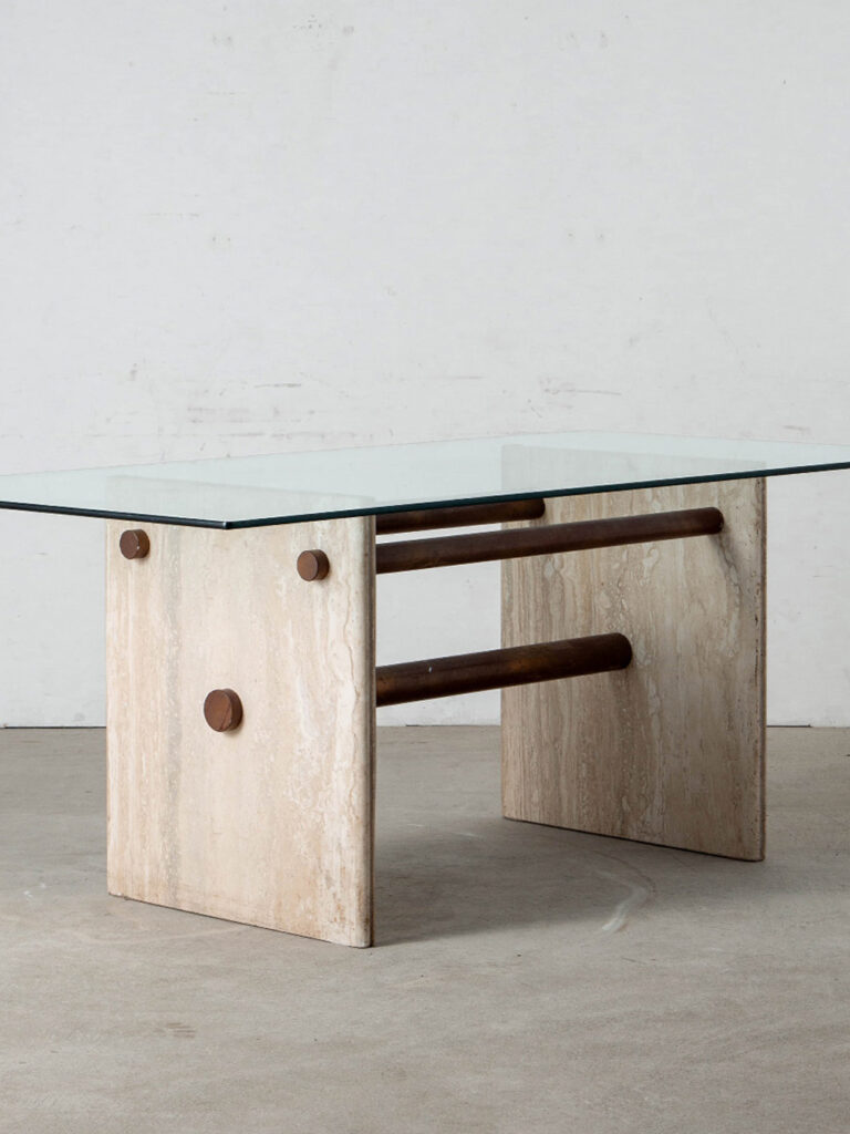 Dining Table in Glass , Travertine and Brass