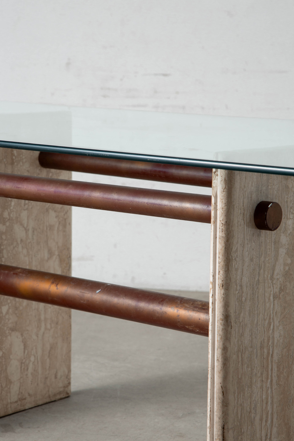 Dining Table in Glass , Travertine and Brass