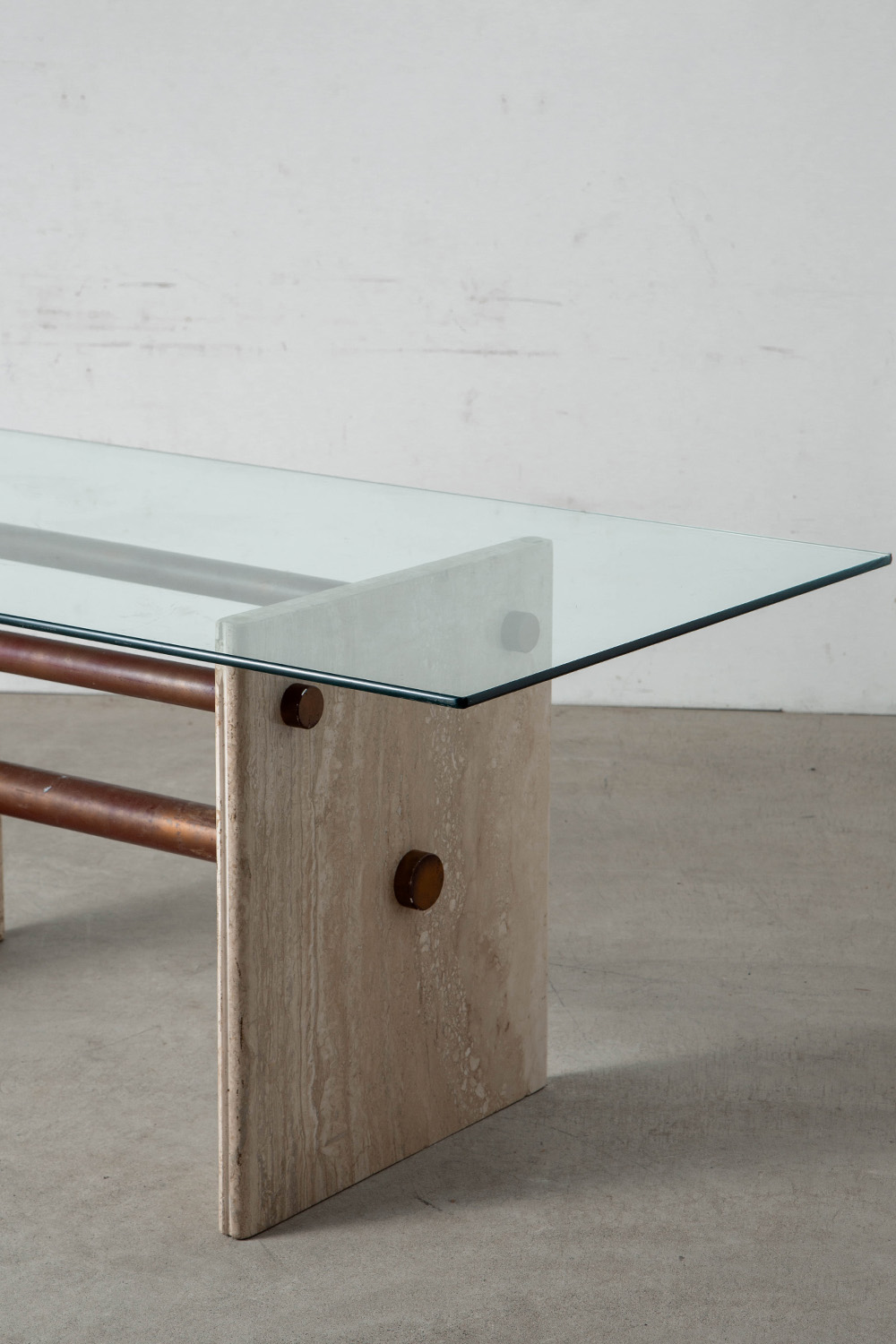 Dining Table in Glass , Travertine and Brass