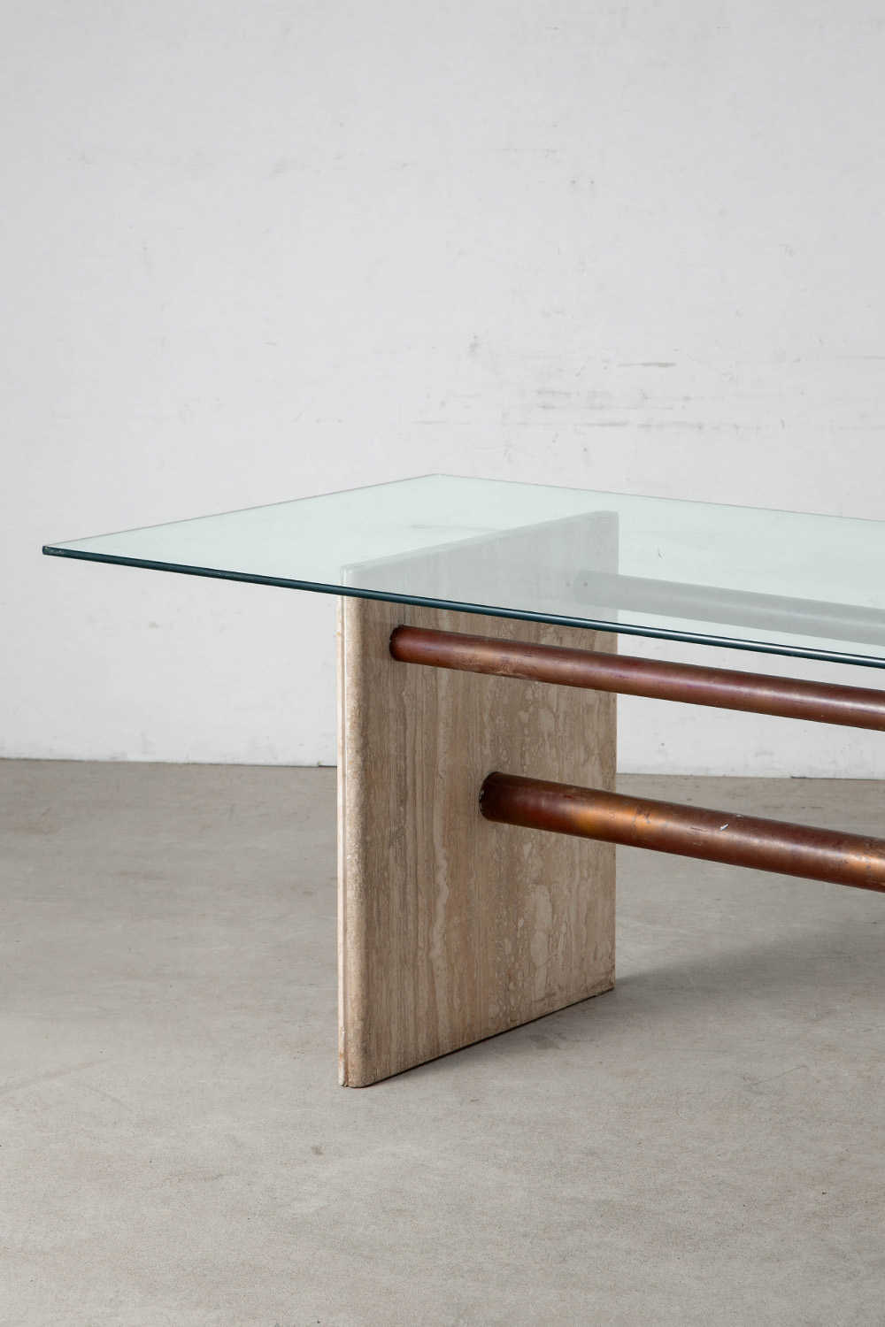 Dining Table in Glass , Travertine and Brass