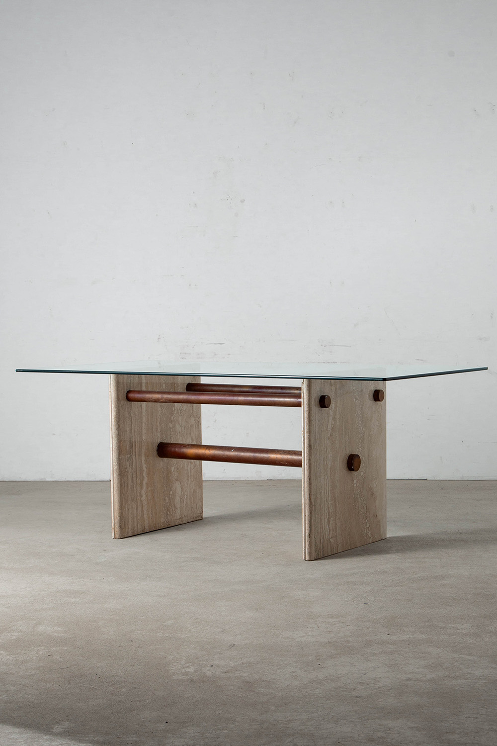 Dining Table in Glass , Travertine and Brass