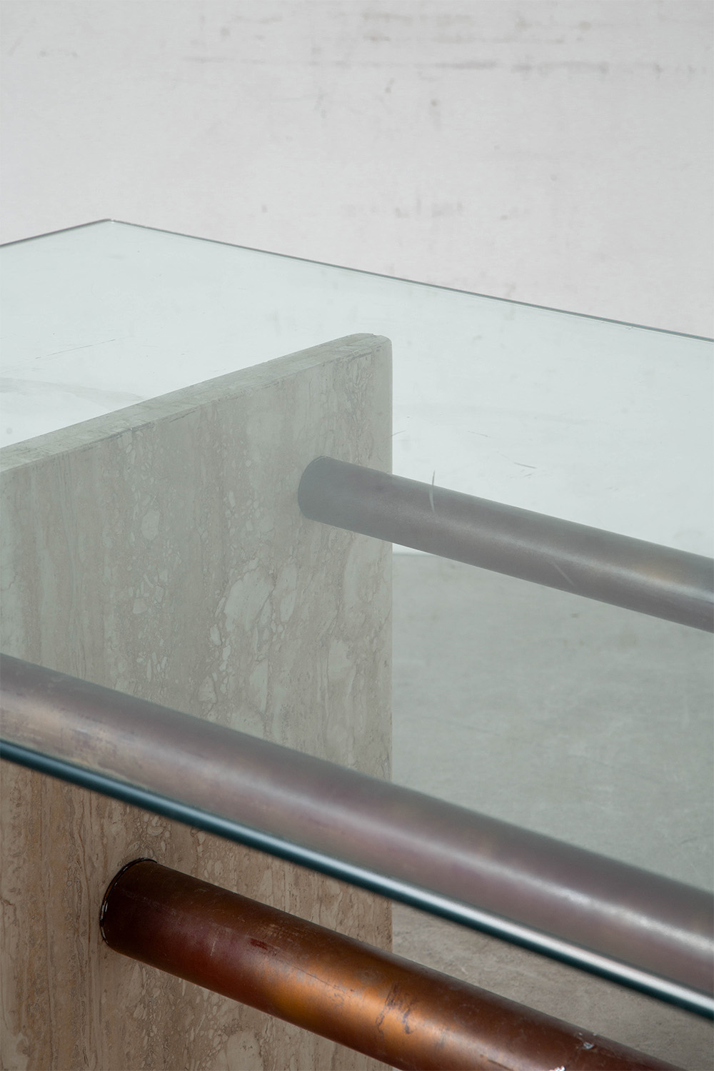 Dining Table in Glass , Travertine and Brass