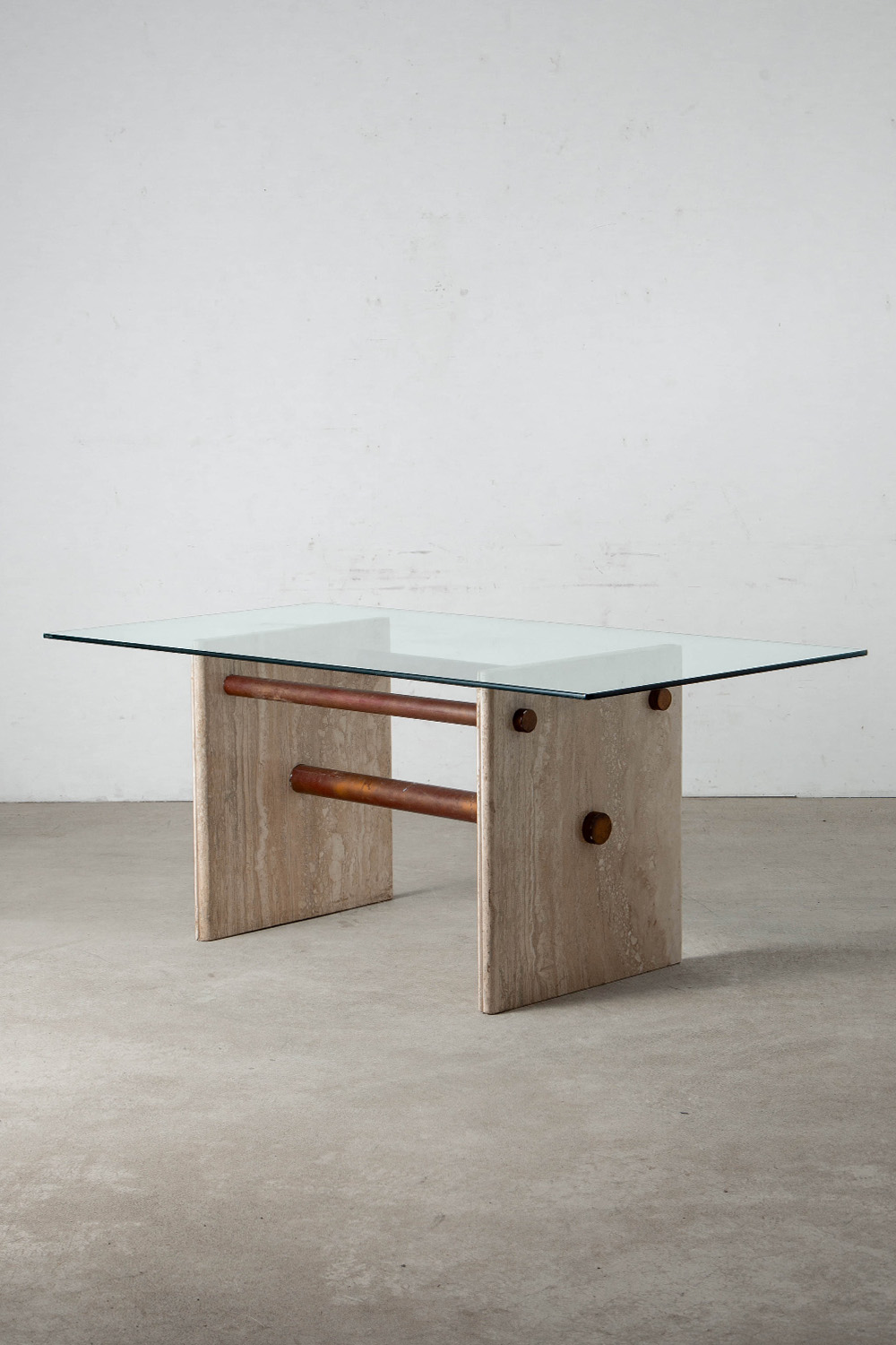 Dining Table in Glass , Travertine and Brass