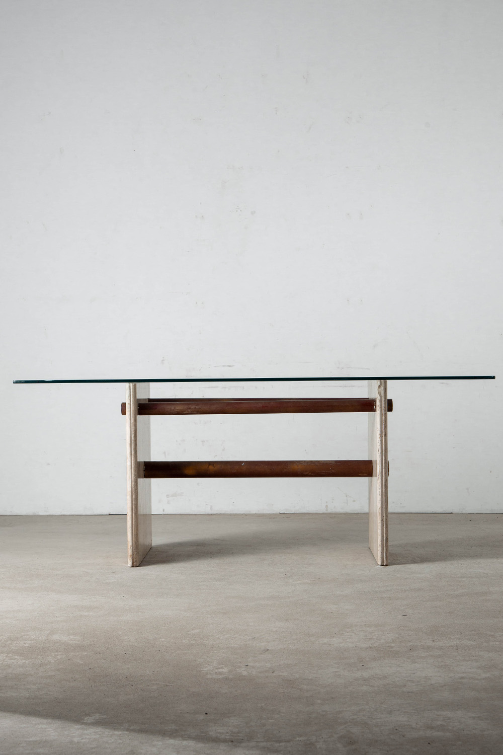 Dining Table in Glass , Travertine and Brass