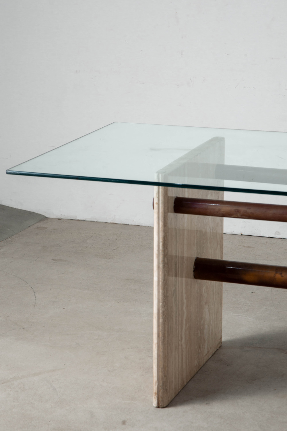 Dining Table in Glass , Travertine and Brass