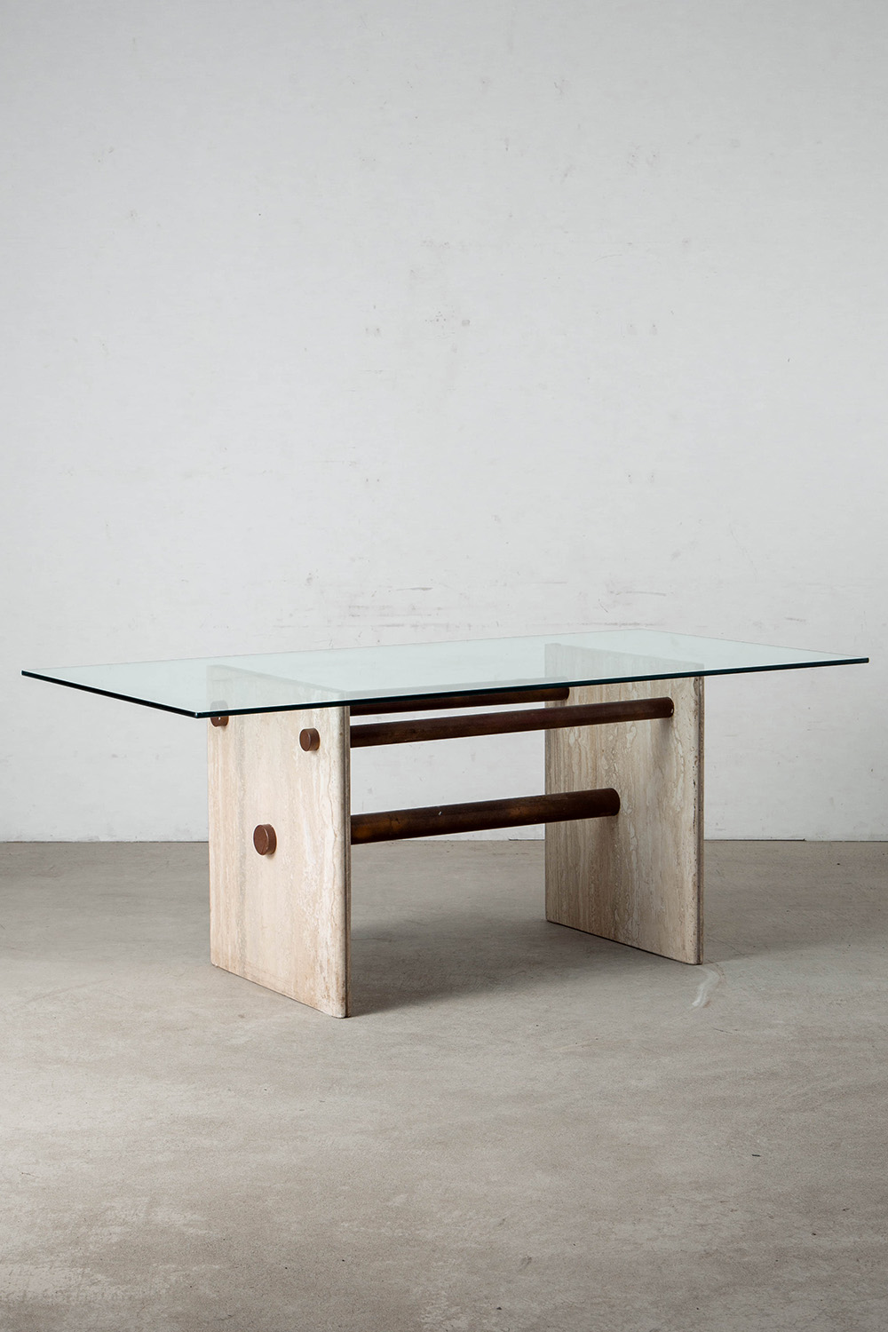 Dining Table in Glass , Travertine and Brass