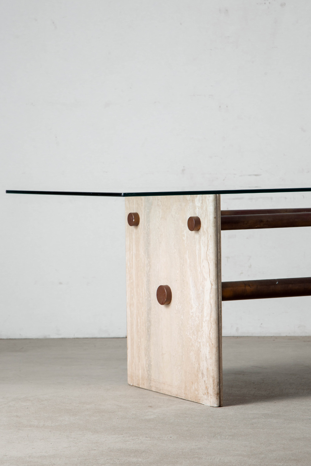Dining Table in Glass , Travertine and Brass