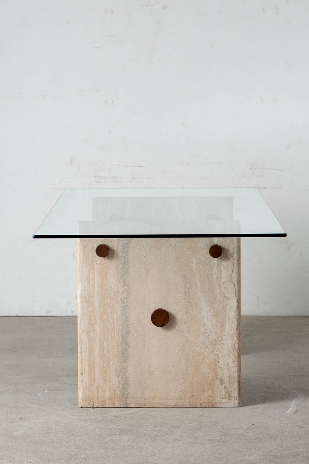Dining Table in Glass , Travertine and Brass