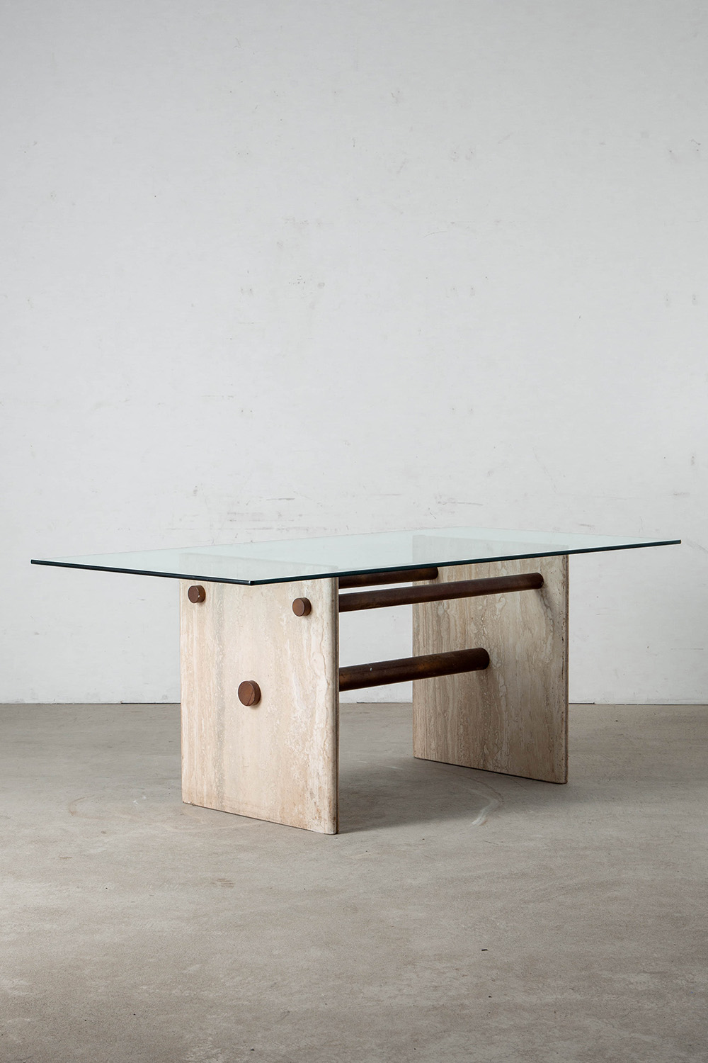 Dining Table in Glass , Travertine and Brass