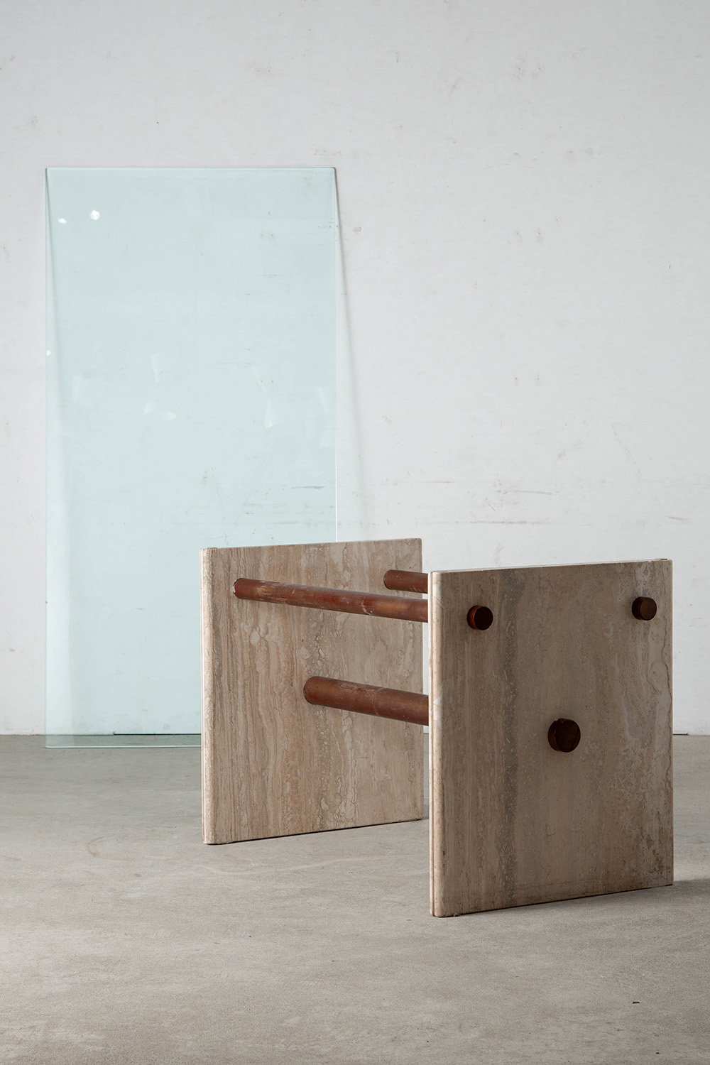 Dining Table in Glass , Travertine and Brass